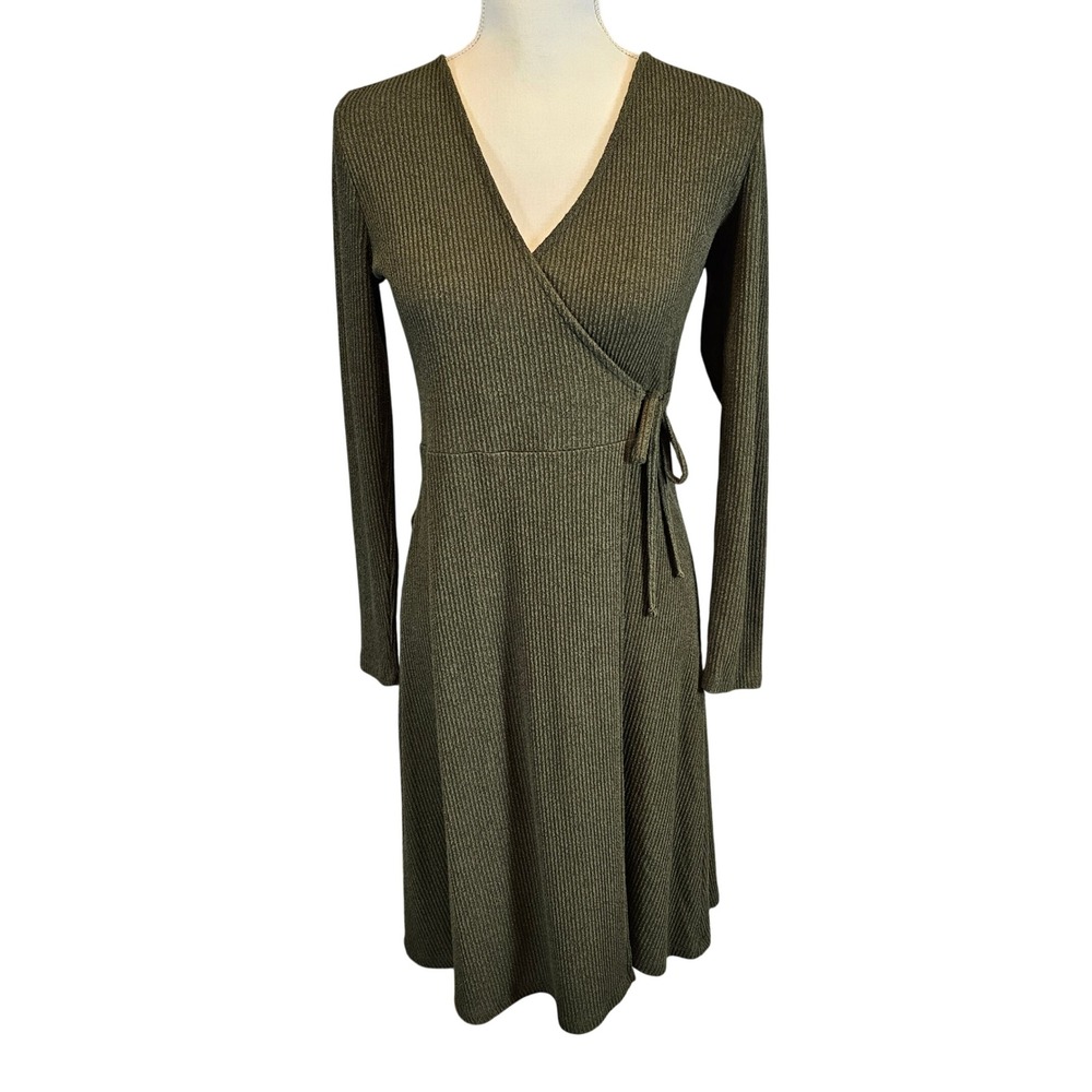 Old Navy Womens Olive Green Ribbed Long Sleeve Wrap Midi Dress Size S